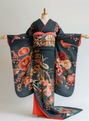Naklejka premium A woman wearing a kimono with a floral pattern