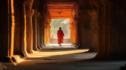 A peaceful scene with a Buddhist monk walking away in a temple corridor during sunrise, evoking serenity and history - Powered by Adobe