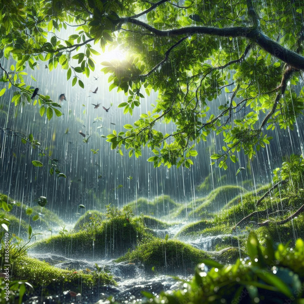Poster gentle rain descends on a verdant forest clearing as sunbeams filter through the emerald canopy, cre