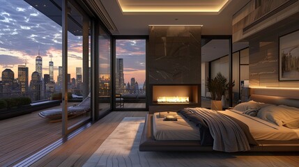 luxurious bedroom with a Manhattan penthouse theme, featuring elegant modern decor, a sleek fireplace, and panoramic windows