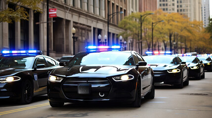 Fototapeta premium Multiple police vehicles with flashing lights lined up on an urban street