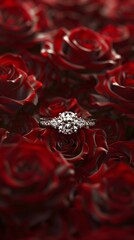 Exquisite Diamond Ring Nestled Amidst a Vibrant Red Rose Bouquet,Showcasing Its Intricate Craftsmanship