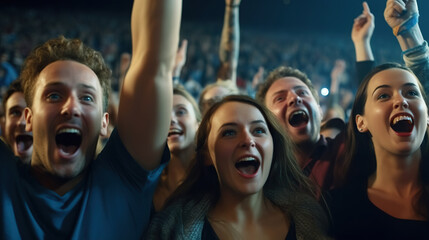 A group of people caught in a moment of elation, cheering enthusiastically at a live event