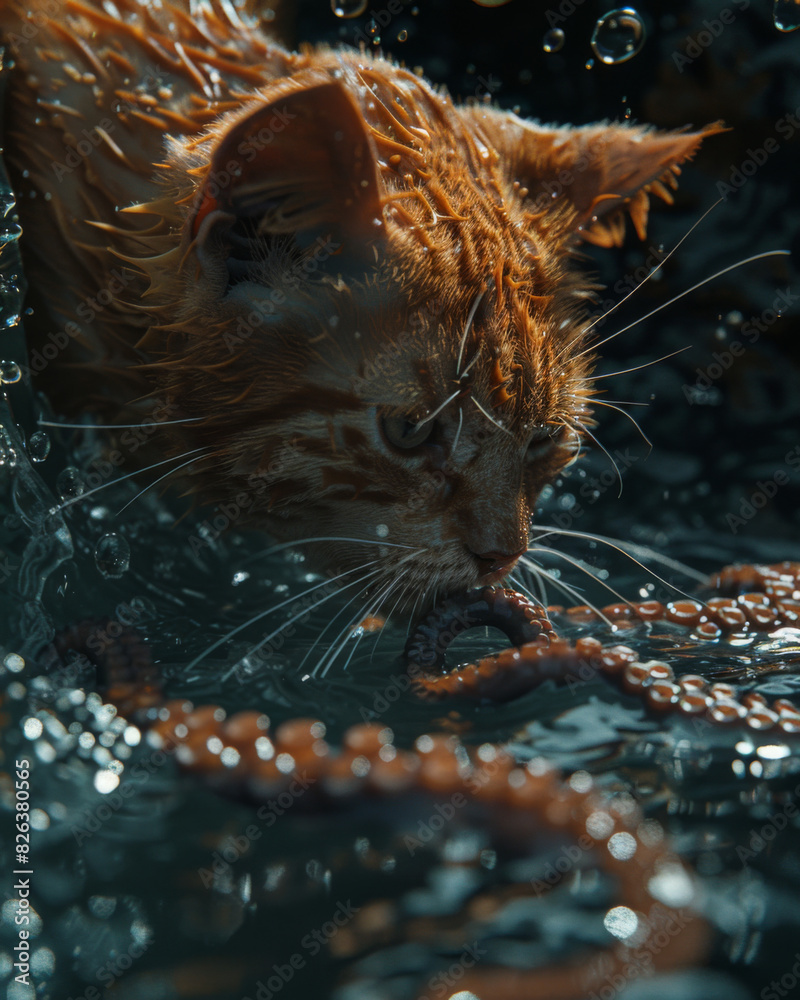 Wall mural A red-haired cat plays with water to hunt