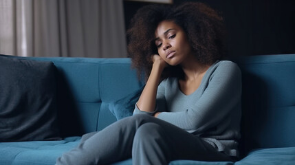 Obraz premium A pensive young woman sits on a couch, portraying a moment of loneliness or introspection in a dim room