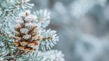 A close-up of a frosty pinecone on a tree branch with space for text