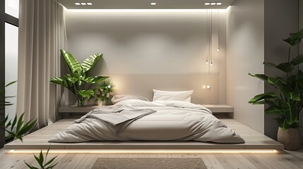 minimalist bedroom with a floating bed design, recessed lighting, and a neutral palette, enhanced by vibrant green plants for a natural touch