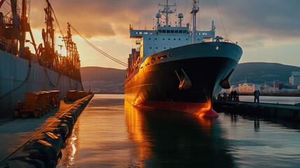 A vibrant image of a large cargo ship docked at a port during sunset, with the sun reflecting off its hull and a busy dockside scene