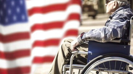 A focused shot on a veteran in a wheelchair with a blurred American flag in the background, representing patriotism