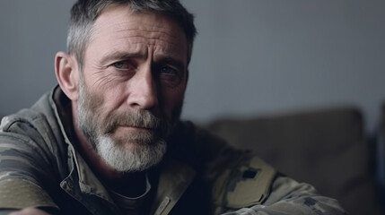 Obraz premium An intense portrait of an older veteran with a deep gaze, reflecting resilience and life experience