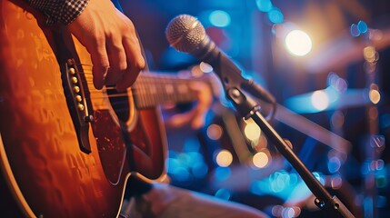 Close up of a hand playing an acoustic guitar and microphone on stage, with musical instruments in...