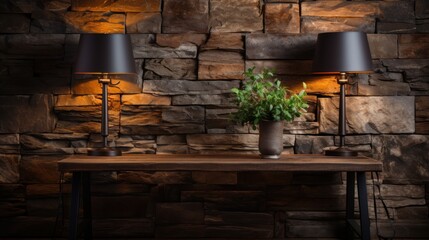 A stylish still life scene of two table lamps on a wooden table against a stone wall, giving off a warm glow