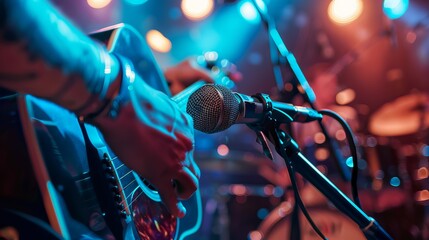Close up of a hand playing an acoustic guitar and microphone on stage, with musical instruments in the background.