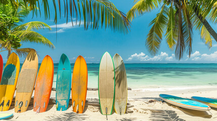 a row of colourful surfboards lined up on a white sandy beach, palm trees and turquoise ocean in...