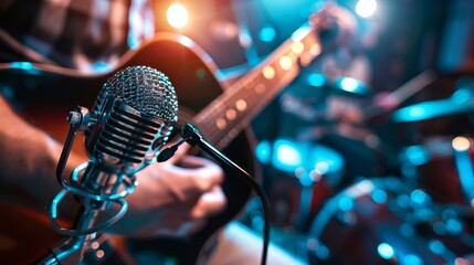 Close up of a hand playing an acoustic guitar and microphone on stage, with musical instruments in...
