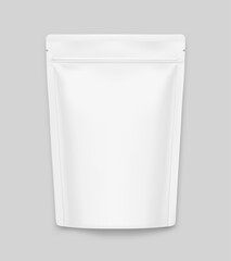 Realistic stand up pouch bag mockup with transparent shadow. Front view. Vector illustration isolated on grey background. Ready for your design. EPS10.