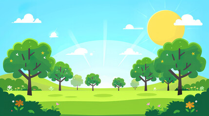 a simple cartoon park background, green scenery, clear blue skies, bright sun