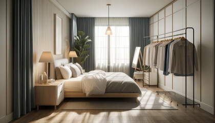 A bedroom featuring a bed and closet. The room is neatly organized and designed for comfort and functionality