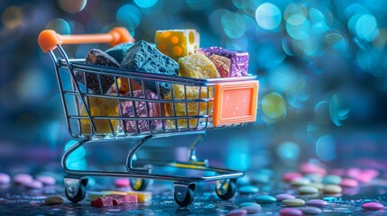 Detailed photograph of a shopping cart overflowing with gourmet foods and delicacies, isolated on a colorful background, including cheeses, chocolates