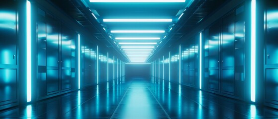 A long, narrow hallway with neon lights shining down on the floor