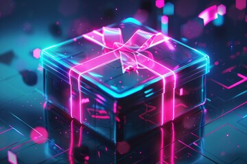 Glowing neon gift box with a bow on a futuristic digital backdrop