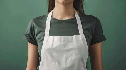 Close-up of a woman's torso in a dark green shirt and white apron