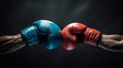 Closeup two man hands in red and blue boxing gloves hitting each other on isolated dark misty background