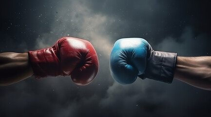 Closeup two man hands in red and blue boxing gloves hitting each other on isolated dark misty background