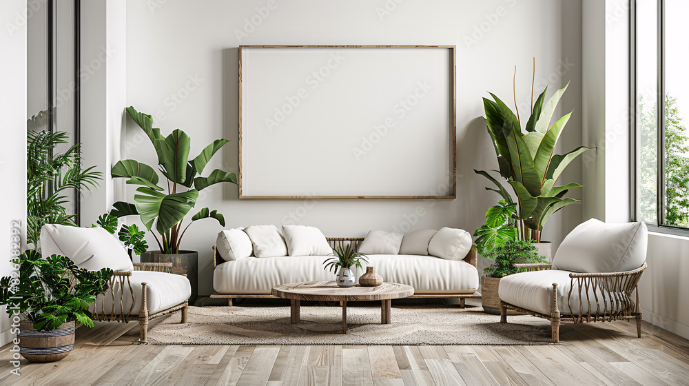 Wall mural Modern living room with green plants and stylish furniture, blank white wall, and wooden floor