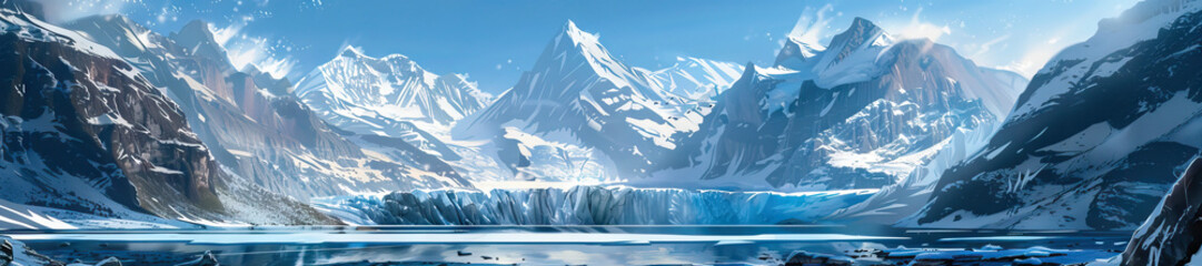 Fototapeta premium Alpine Glacier: An awe-inspiring alpine glacier scene with icy blue glaciers, rugged mountain peaks, and a crystal-clear glacial lake