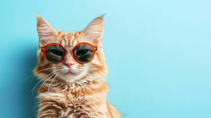 Portrait of ginger cat in sunglasses isolated on pastel blue background with copy space