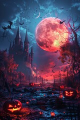 Obraz premium Halloween Decorated Pumpkin In Front Of Castle