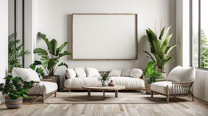 Modern living room with green plants and stylish furniture, blank white wall, and wooden floor