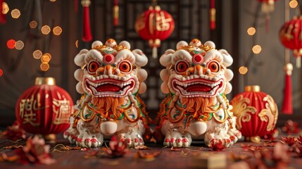 Fototapeta premium Chinese guardian lions dancing for celebrating Chinese New Year
