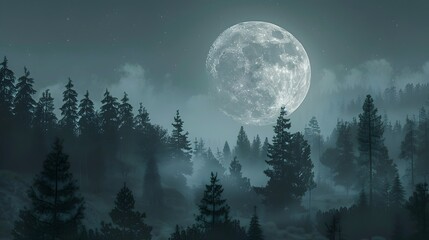 Majestic Full Moon Illuminates the Serene Wilderness of a Mysterious Forest