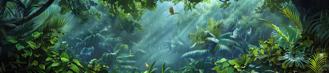 Monsoon Forest: A lush monsoon forest scene with dense foliage, tropical birds, and the soothing sound of rain falling on leaves