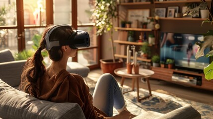 Comfortably seated in her cozy living room, a woman uses virtual reality to shop online. The metaverse brings her favorite brands