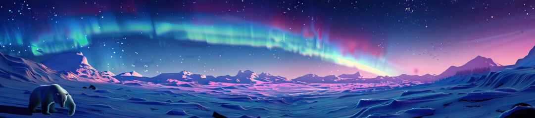 Obraz premium Arctic Tundra: A stark Arctic tundra scene with vast expanses of snow-covered plains, polar bears, and a shimmering aurora borealis overhead