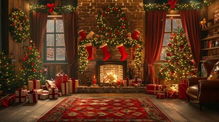 Christmas Tree Beside a Cozy Fireplace