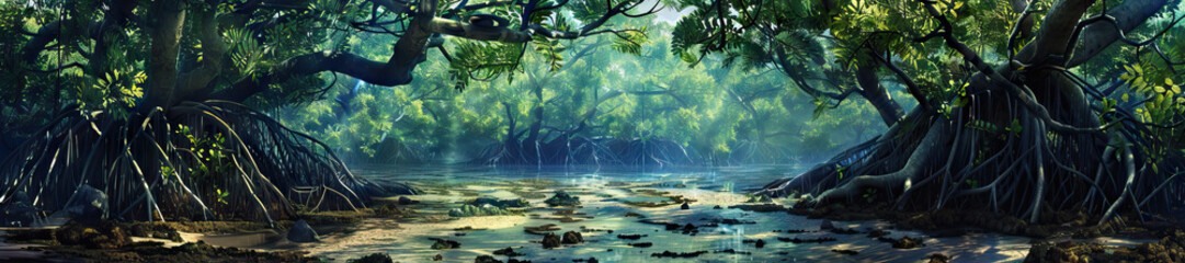 Fototapeta premium Mangrove Swamp: A mysterious mangrove swamp scene with tangled mangrove roots, hidden tidal channels, and a chorus of frogs and insects