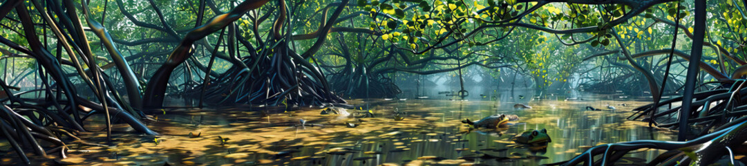 Mangrove Swamp: A mysterious mangrove swamp scene with tangled mangrove roots, hidden tidal channels, and a chorus of frogs and insects