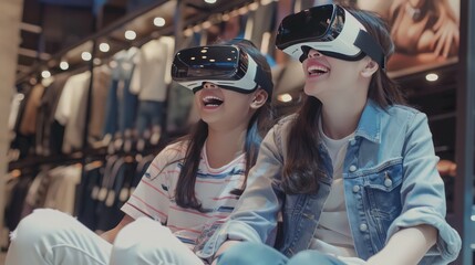Happy moments shared by an Asian mother and her daughter using VR headsets for online fashion shopping. The advanced technology brings joy
