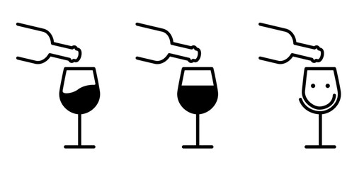 Wine tasting, sommelier icon. Nose and wine glasses. Sniffing wine in glass. Cartoon drawing glass for alcohol. Friends or friendship to cheers. Wine glass bottle. Bottles and glasses.