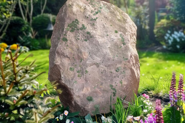 Beautiful garden, a huge stone stands on the grass, the stone surface is smooth and clean, at the bottom of the stone grows a circle of flowers and plants, the sun shines brightly, quiet and beautiful