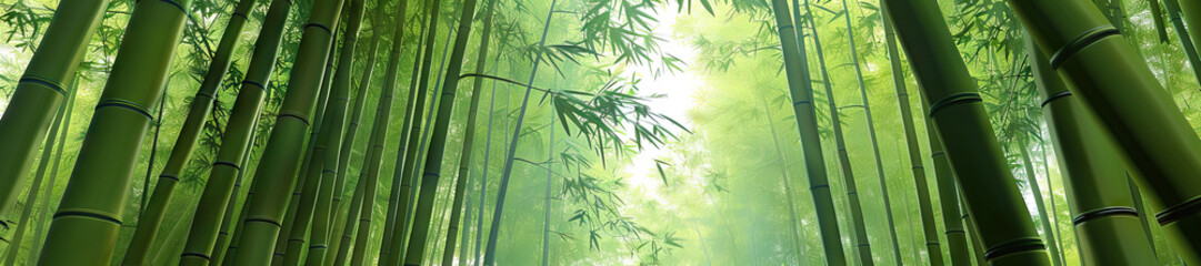 Naklejka premium Bamboo Forest: A tranquil bamboo forest scene with tall bamboo stalks rustling in the breeze, creating a soothing, rhythmic sound.
