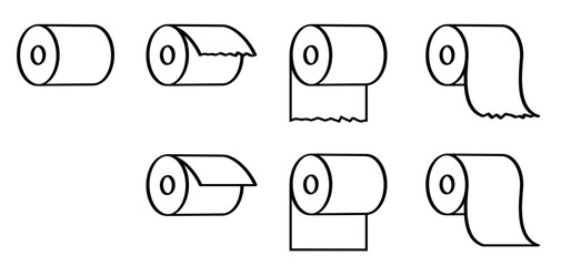 Cartoon WC paper or wc roll. Toilet paper roll. tape, tissue icon. Woman, man restroom, bathroom or kitchen logo. Hygiene, please keep toilet clean. Line rolls pattern