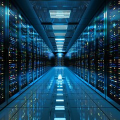 Fototapeta premium Futuristic Sci-Fi Server Room With Glowing Lights