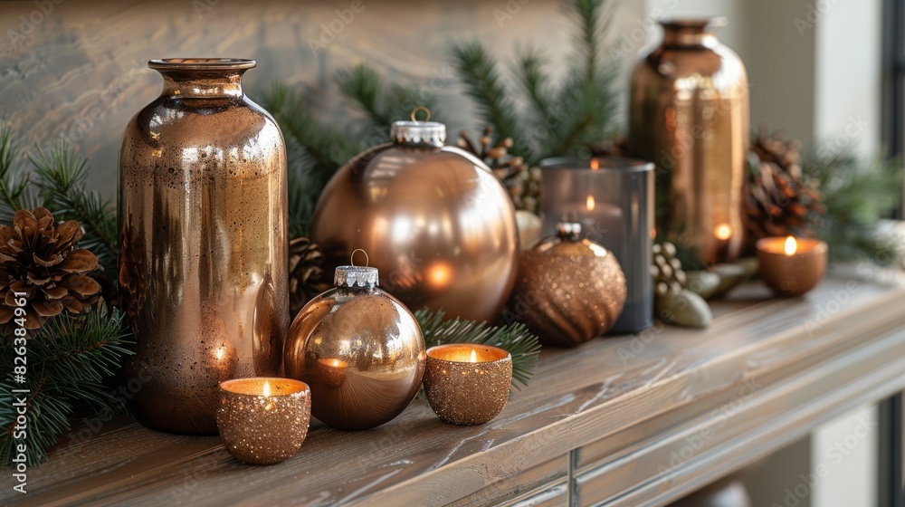 Poster Create a modern holiday vignette on your entryway console table with a collection of metallic ornaments and sleek candle holders.