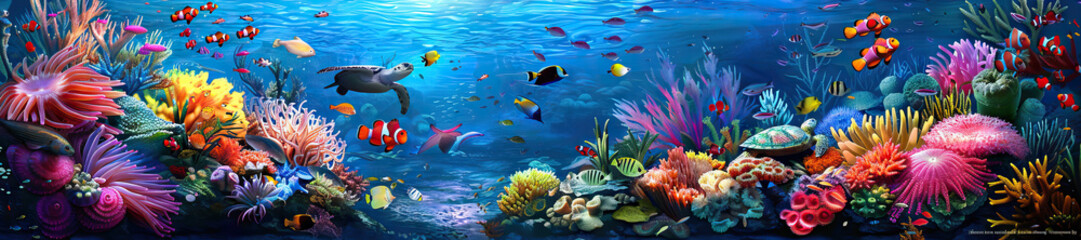 Coral Reef: An underwater scene of a vibrant coral reef, teeming with colorful fish, sea turtles, and waving sea anemones