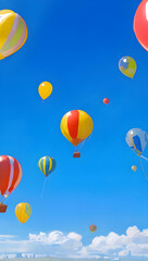 Naklejka premium A vibrant and whimsical scene of colorful balloons floating in the sky, each one uniquely shaped and patterned, creating a diverse and visually stunning display.